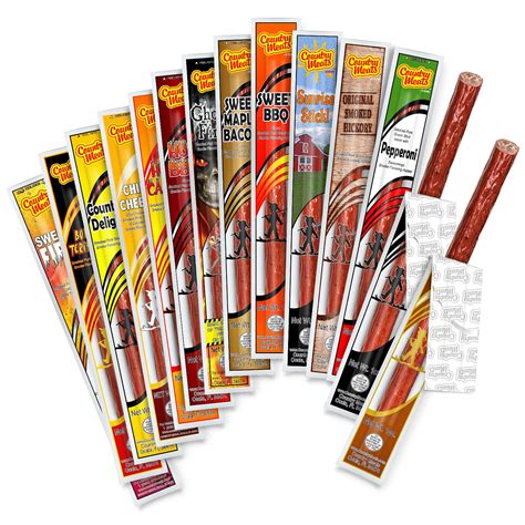 Country meats beef sticks - 22g Protein per Package. Made with 100% Beef Sticks and natural casings. No Artificial Colors or Flavors. Naturally Hardwood Smoked. Ingredients: Beef, Water, Salt, Contains 2% Or Less Of Dextrose, Sugar, Flavors, Granulated Garlic, Sodium Erythorbate, Lactic Acid Starter Culture, Sodium Nitrite, Packed In Lamb Casing.